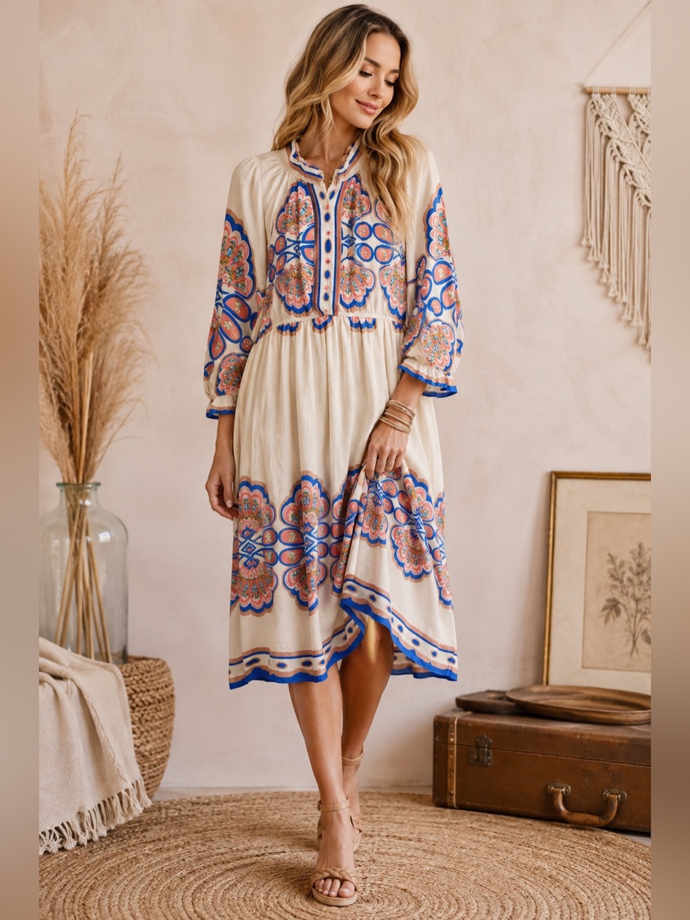 Boho Embroidered Midi Dress in Cream with Blue & Pink Accents